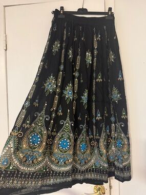 Black Bohemian Maxi Skirt with Teal & Gold Embroidery(New)